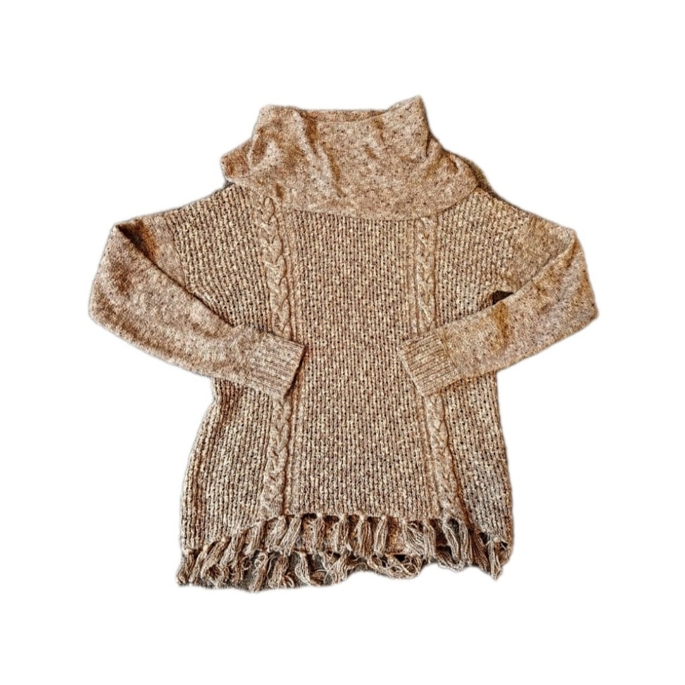 Vintage Y2k‎ Tan Cable Knit Fringe Sweater Size Medium Cowl Neck Bohemian